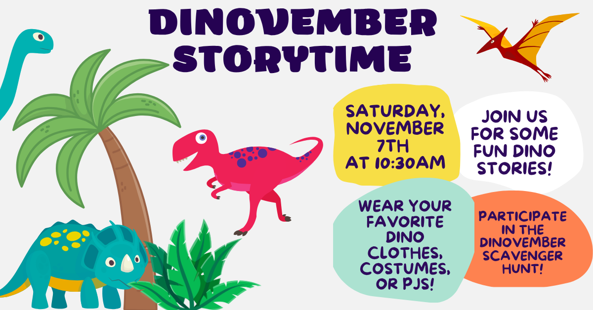 Dinovember storytime event with colorful dinosaurs and palm trees